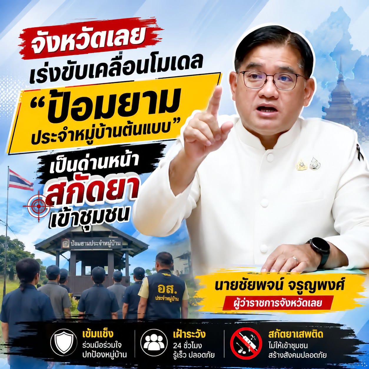 🚨 จังหวัดเลย เดินหน้าขับเคลื่อนโมเดล "ป้อมยามประจำหมู่บ้านต้นแบบ&rdquo; เป็นด่านหน้าสกัดยาเข้าชุมชน เตรียมชวน &ldquo;เอามื้อสามัคคี&rdquo; เสริมพลัง สร้างขวัญกำลังใจคนในพื้นที่